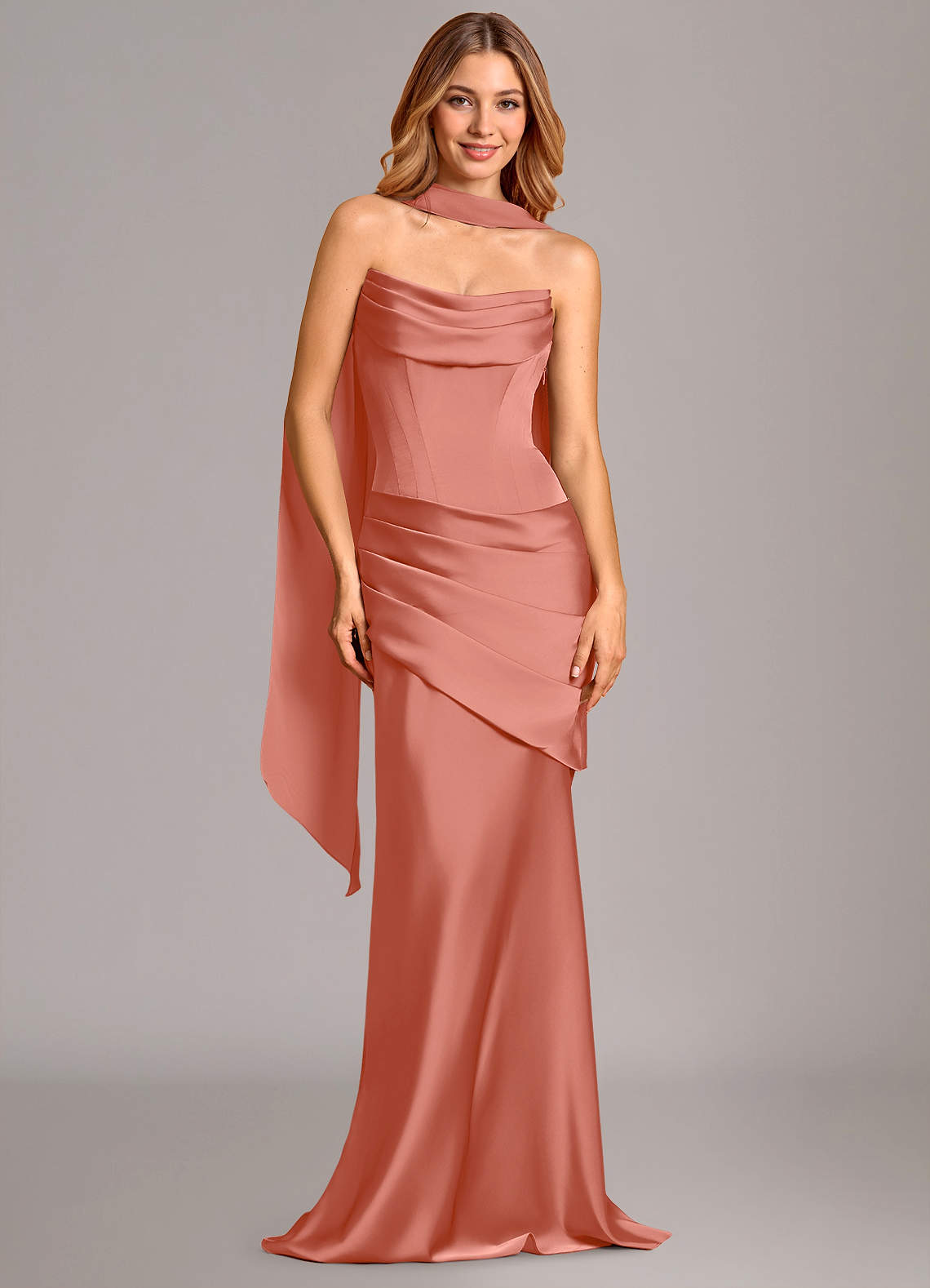 Pelagia Mermaid Cowl-Neck Stretch Satin Bridesmaid Dress in Salmon Pink