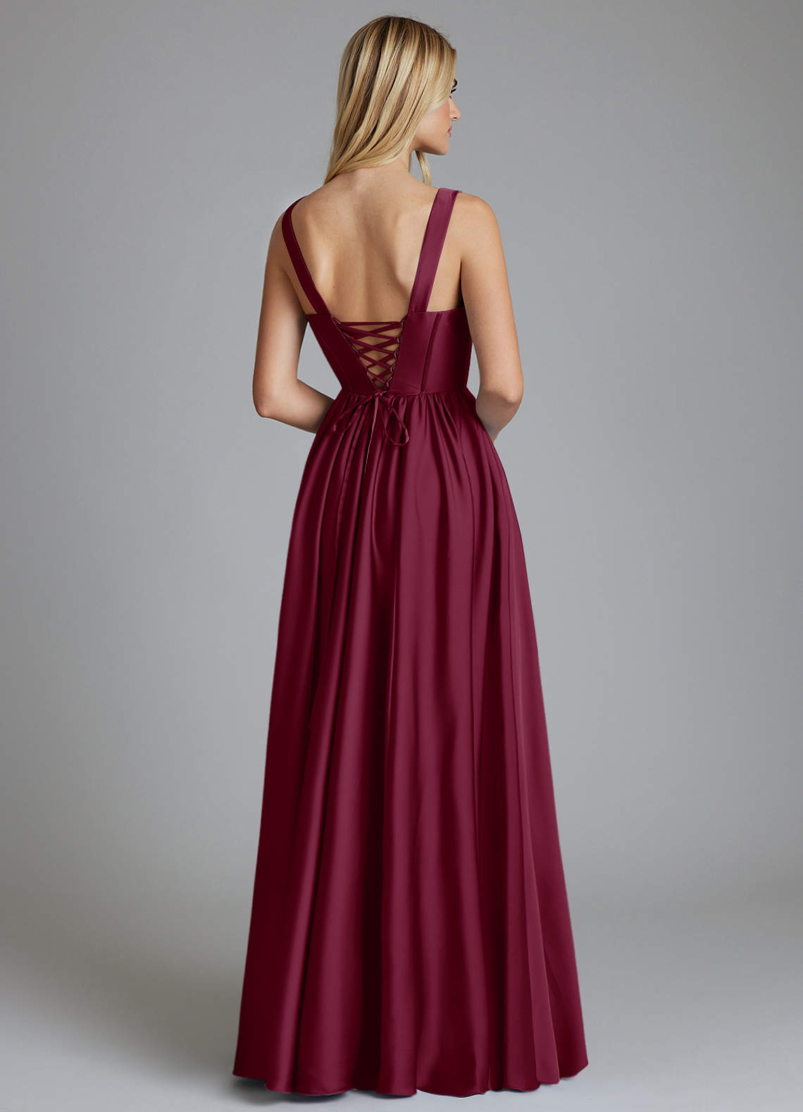 Delmie A-Line V-Neck Stretch Satin Bridesmaid Dress in Mulberry