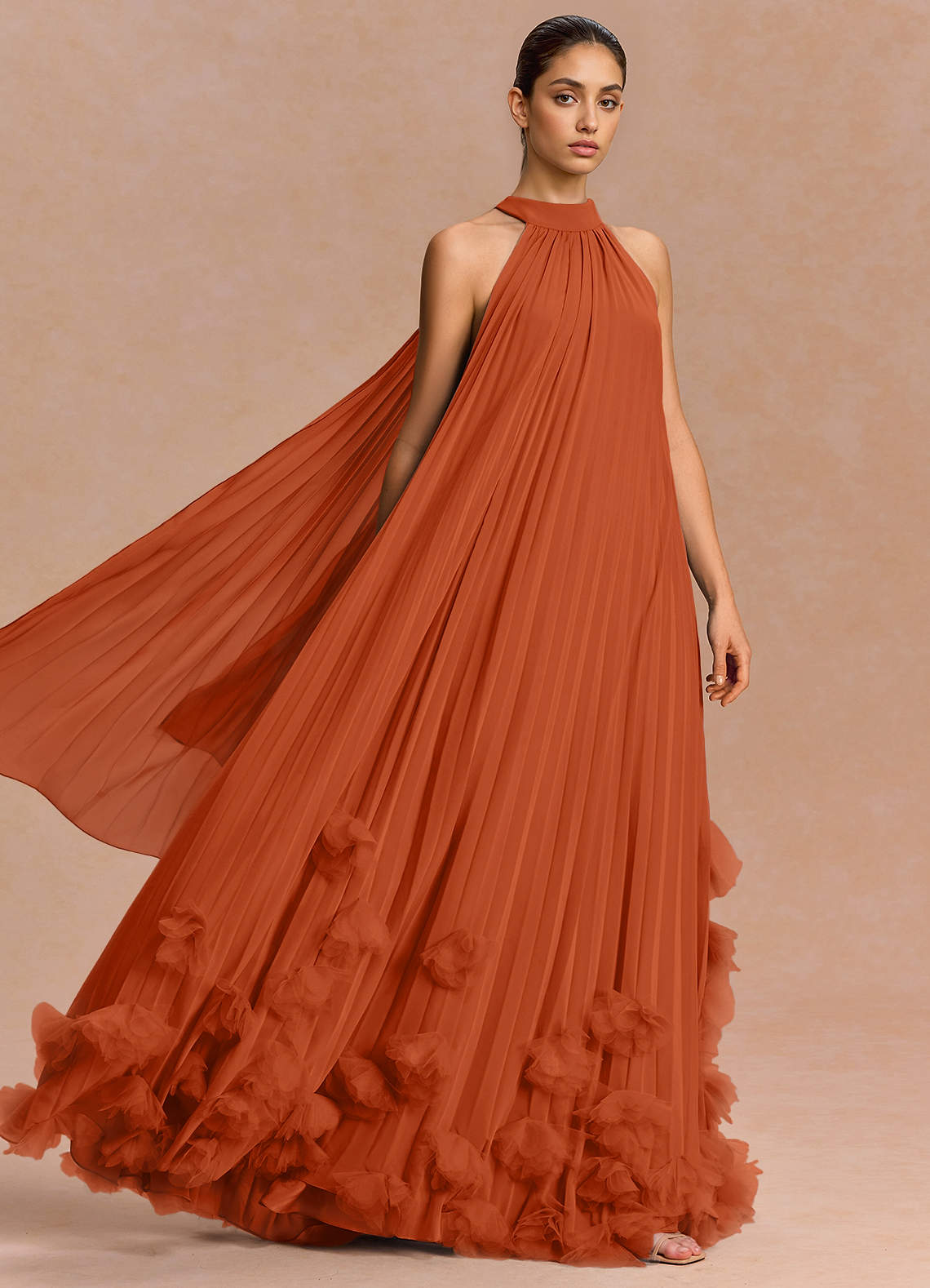 Lucette A-Line Halter Chiffon Evening Dress in Rust