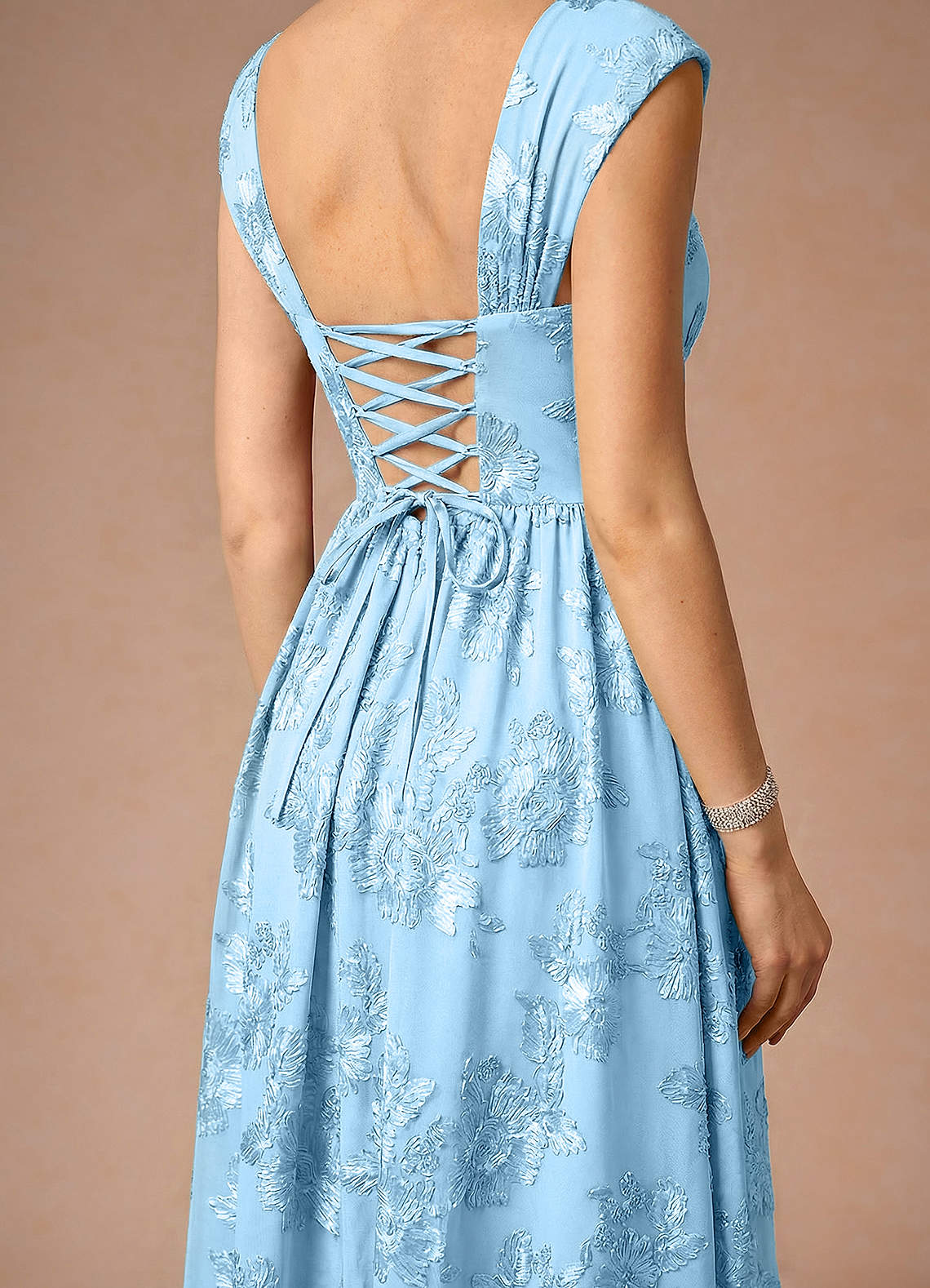 Hazel A-Line Cowl-Neck Floral Mesh Wedding Guest Dress in Sky Blue