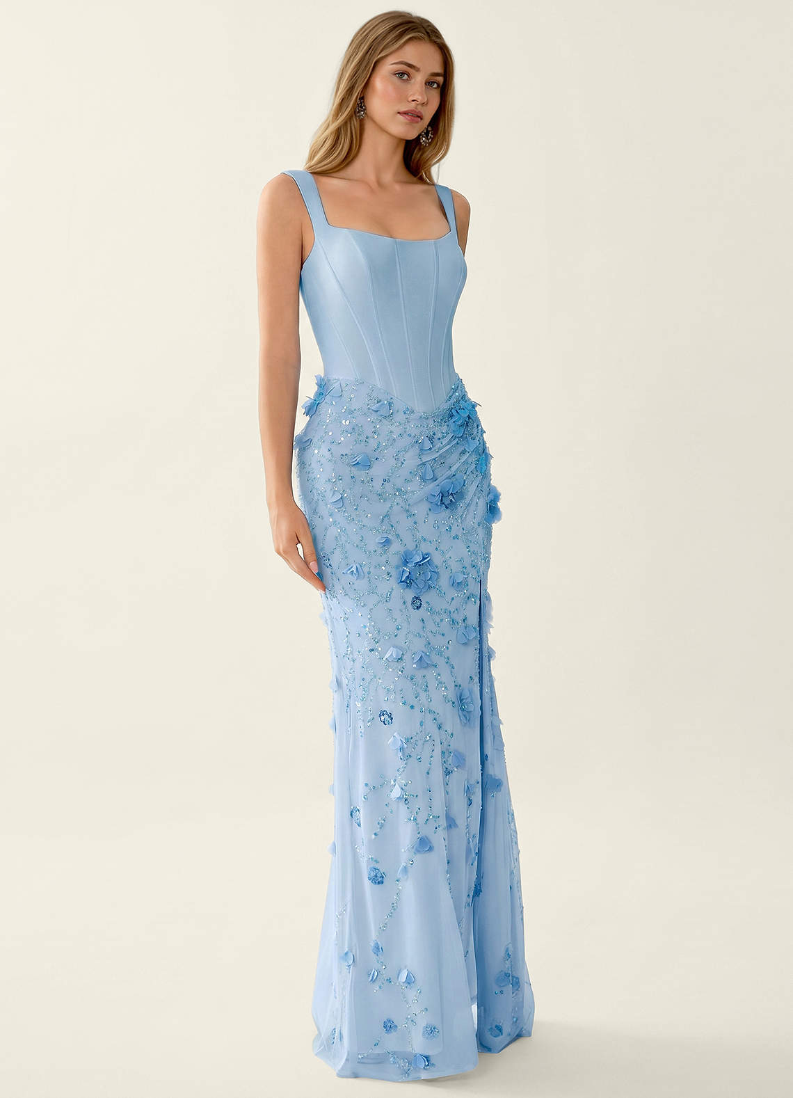 Belinda Mermaid Square-Neck Sequined Tulle Evening Dress in Blue