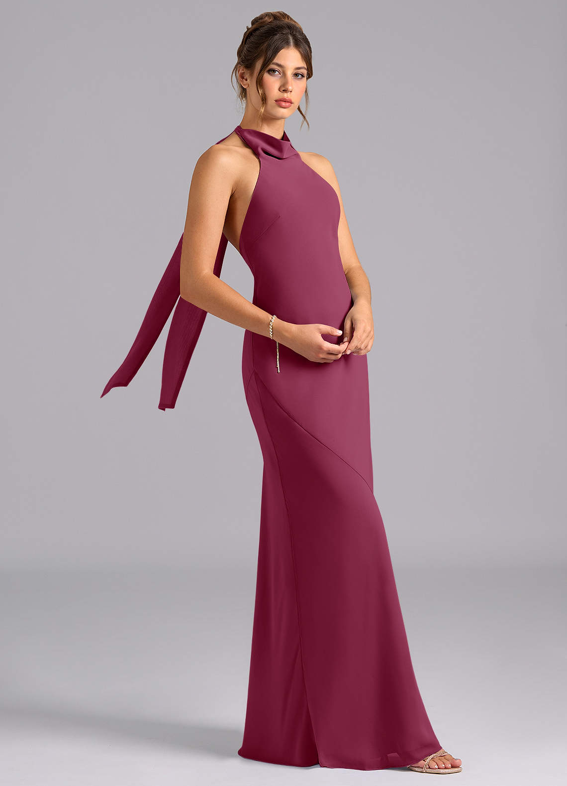 Velli Mermaid Halter Chiffon Bridesmaid Dress in Mulberry