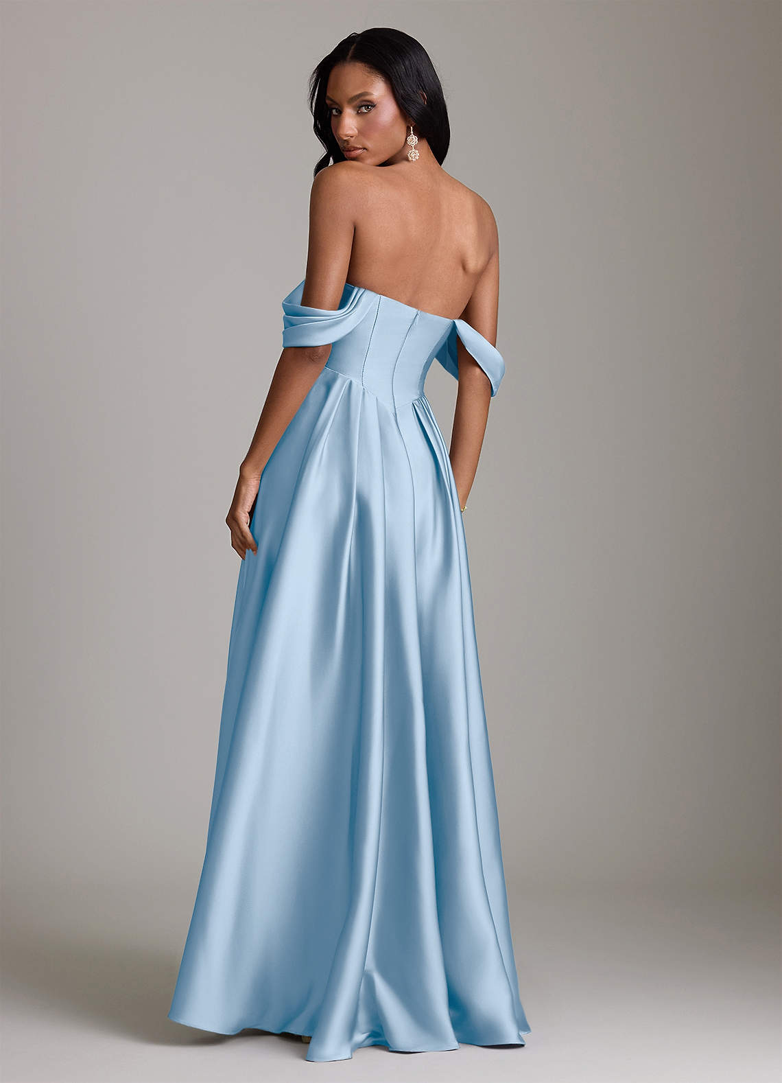 Loisa A-Line Off-the-Shoulder Stretch Satin Bridesmaid Dress in Powder Blue
