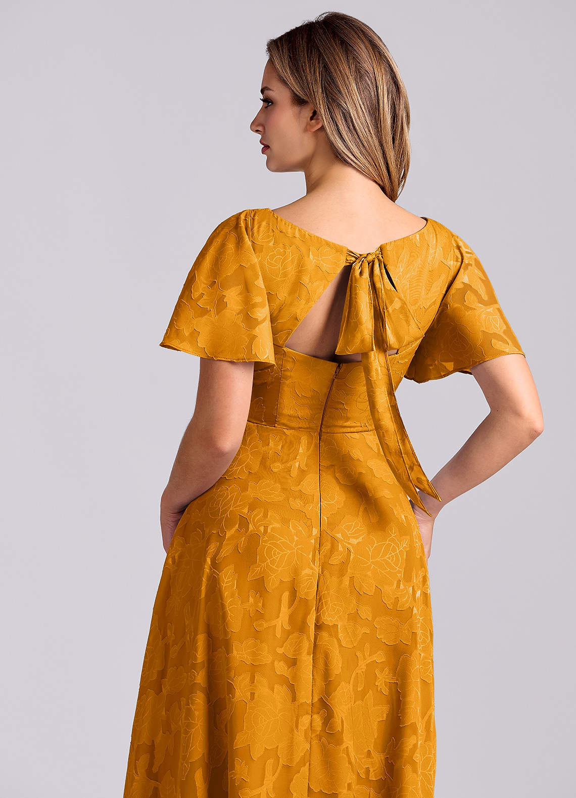 Kimber A-Line V-Neck Floral Burnout Bridesmaid Dress in butterscotch