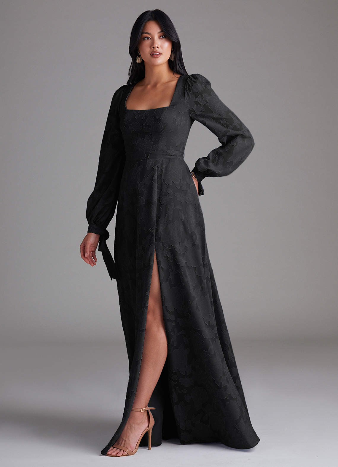 Leonia A-Line Square-Neck Stretch Satin Bridesmaid Dress in black