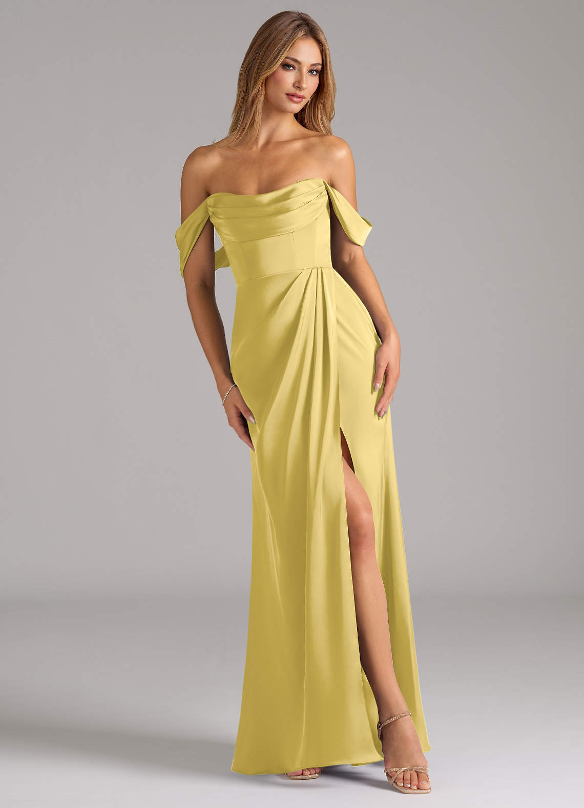 Johana Mermaid Off-the-Shoulder Stretch Satin Bridesmaid Dress in Canary