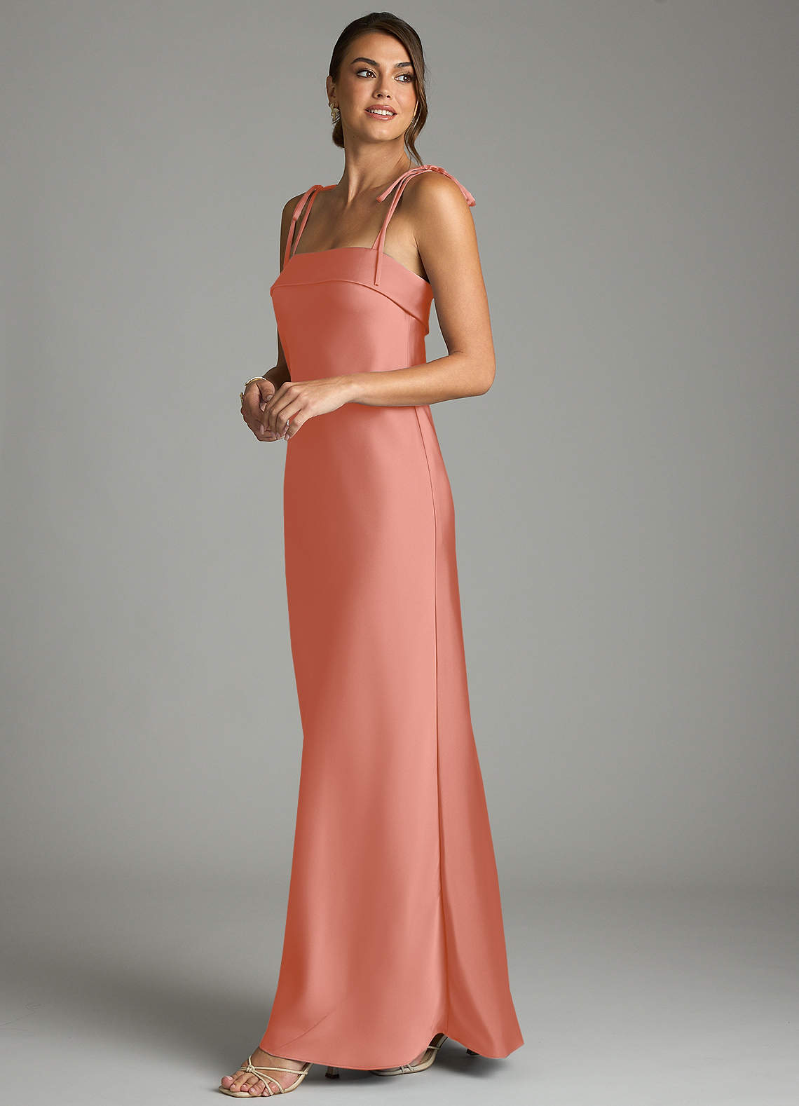 Ellia Sheath Straight-Neck Stretch Satin Bridesmaid Dress in Salmon Pink