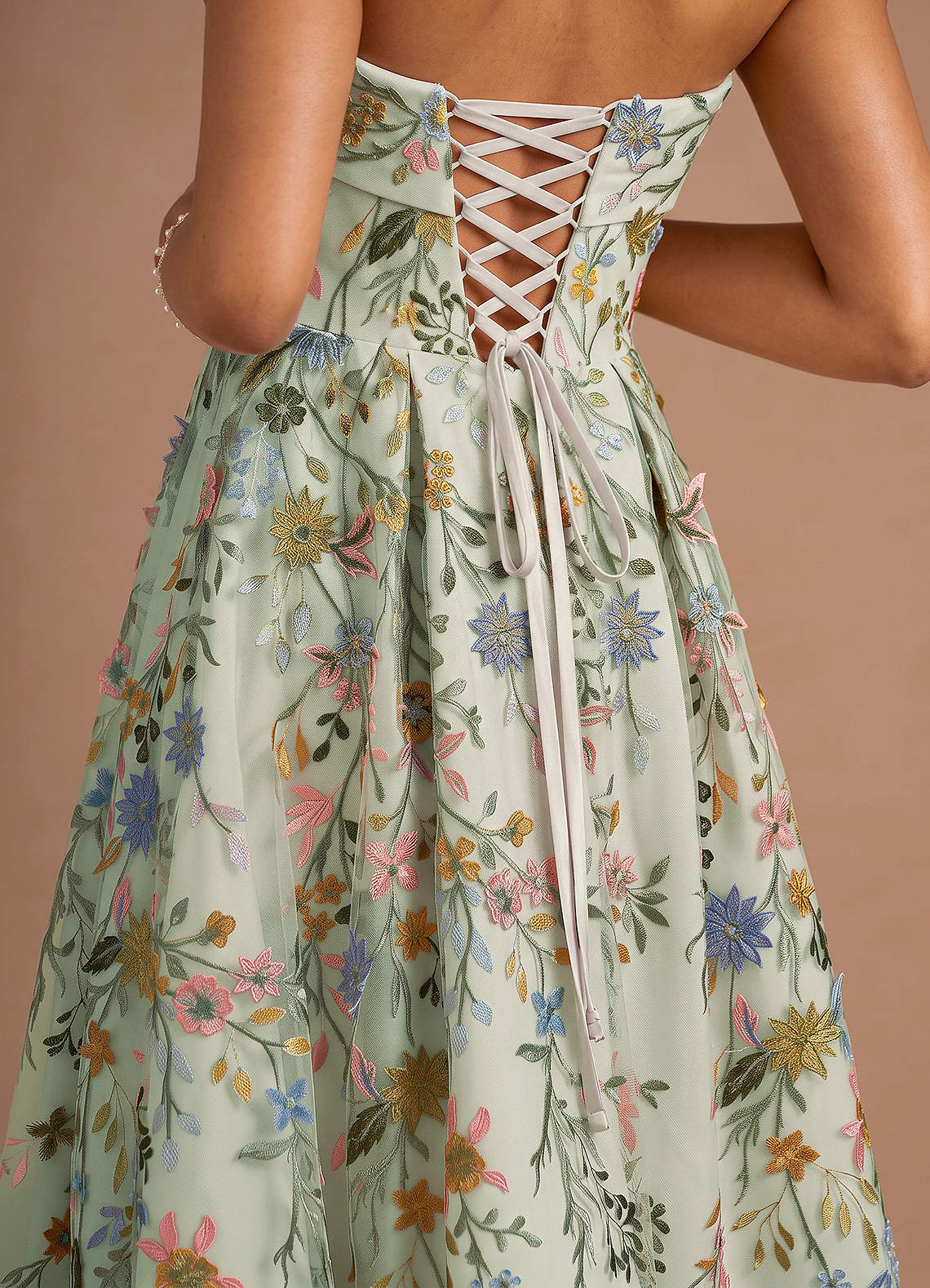Evangeline Strapless Corset Floral Lace Evening Dress in Light Green