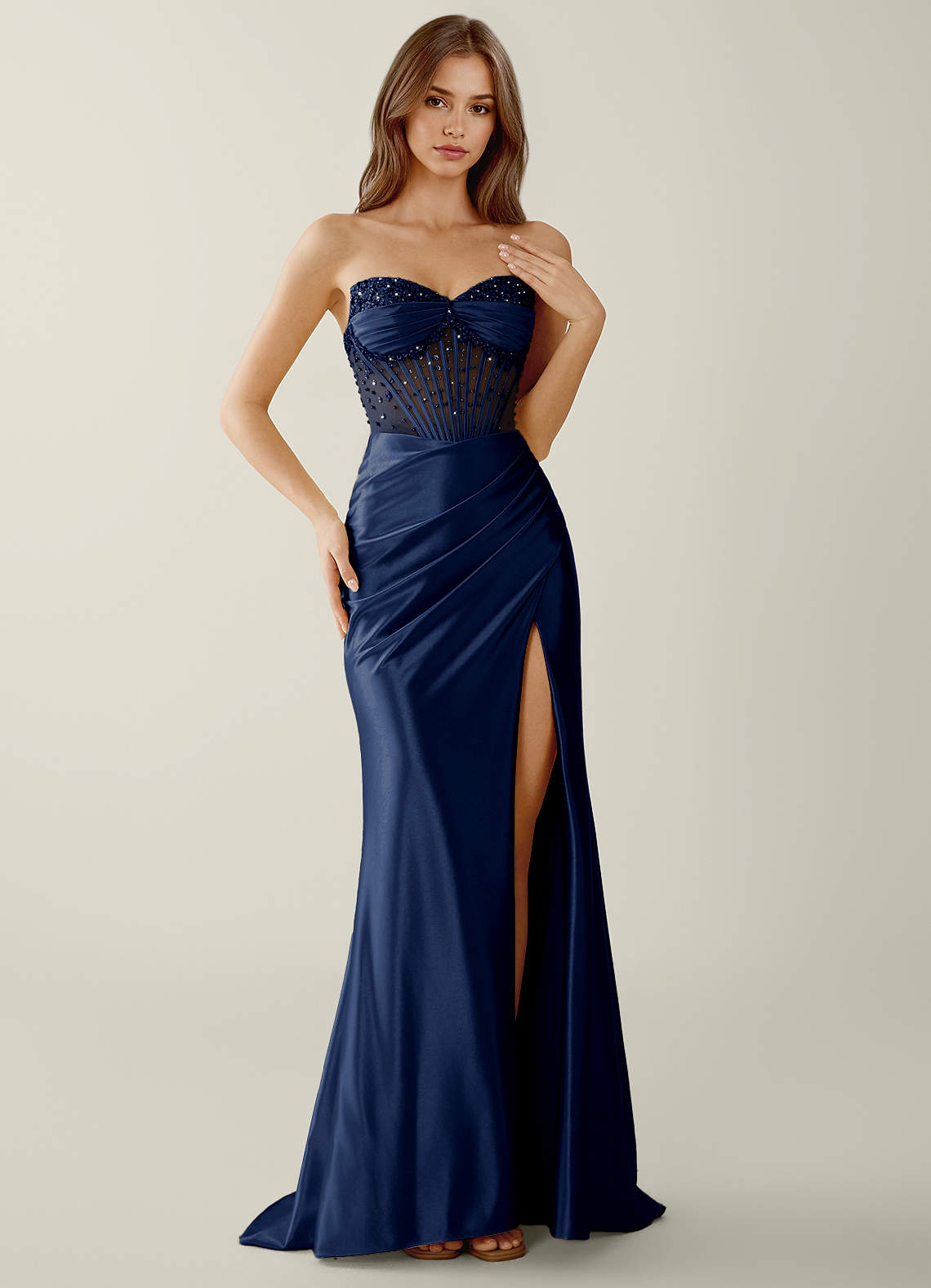 Willa Mermaid Strapless Sequined Satin Evening Dress in Dark Navy