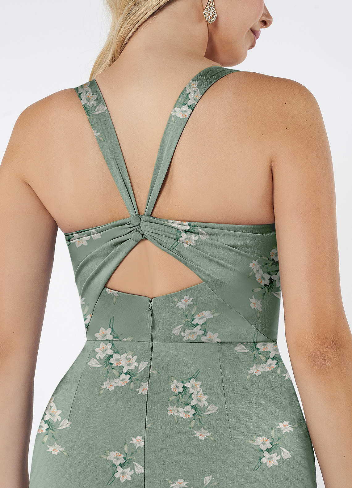 Mero Mermaid Square-Neck Stretch Satin Bridesmaid Dress in Agave Lilly Floral