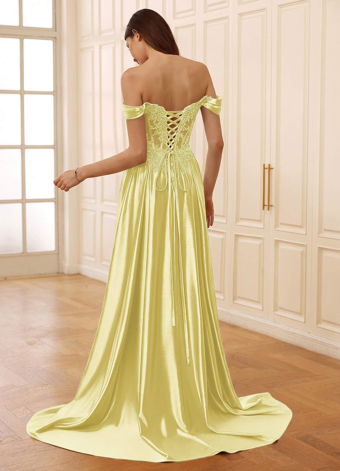 Rowane A-Line Off-the-Shoulder Satin Evening Dress in Yellow
