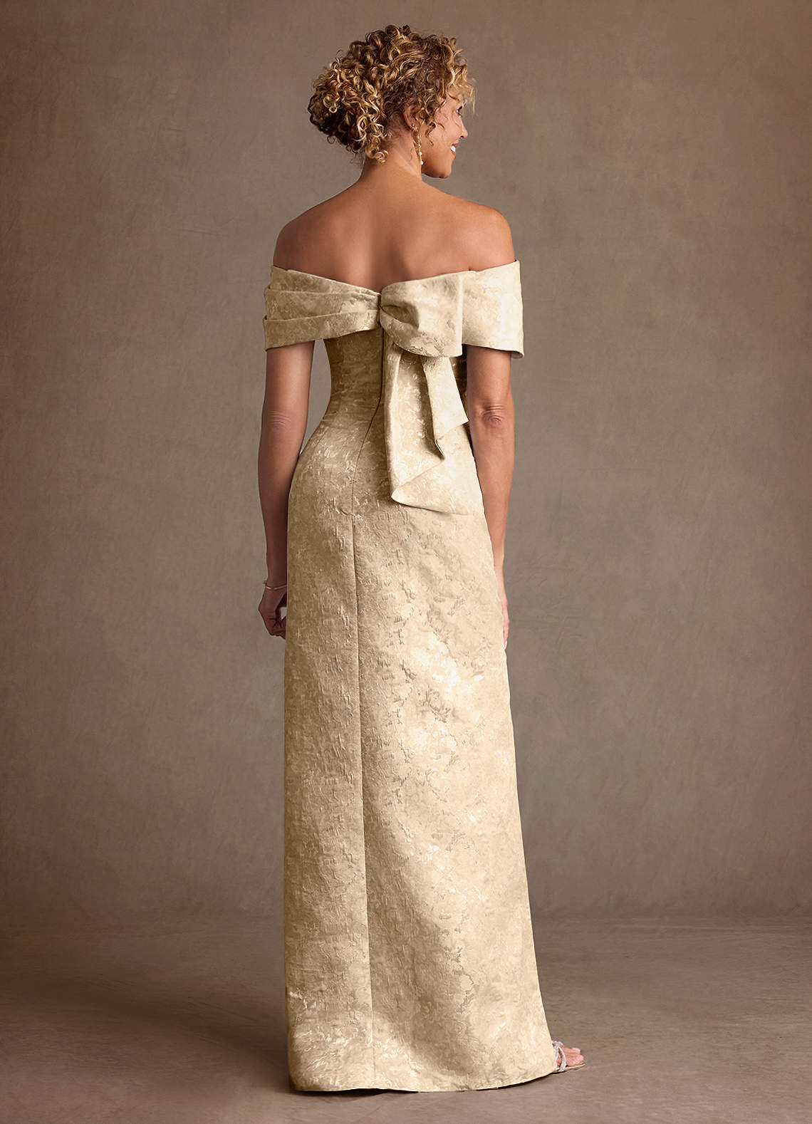 Zion Sheath Off-the-Shoulder Jacquard Mother of the Bride Dress in champagne