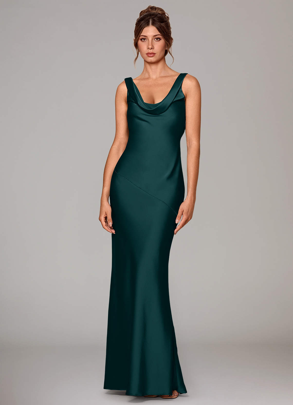 Rylina Mermaid Cowl-Neck Stretch Satin Bridesmaid Dress in Pine