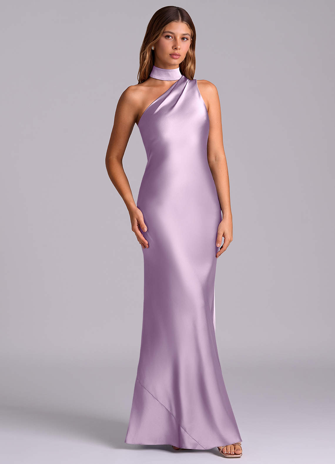 Seona Mermaid One-Shoulder Stretch Satin and Tulle Bridesmaid Dress in Frosted Lilac