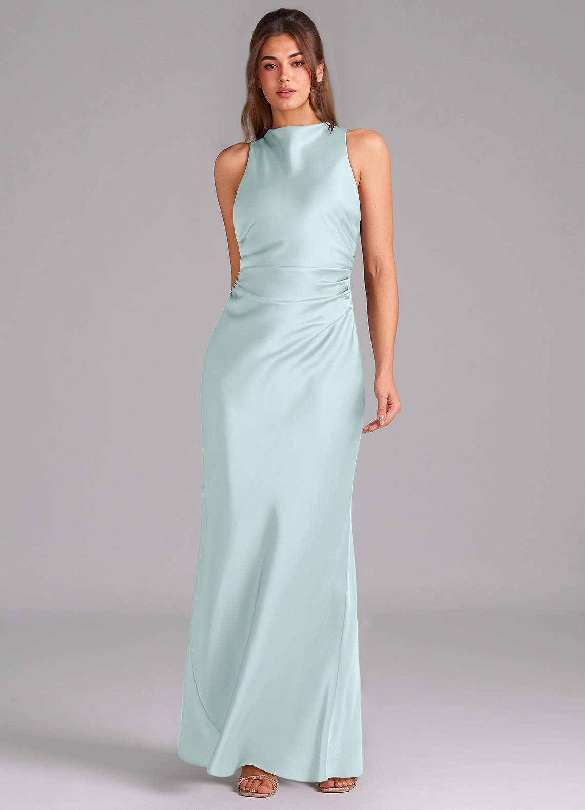 Evadne Sheath Scoop-Neck Stretch Satin Bridesmaid Dress in Sea Glass