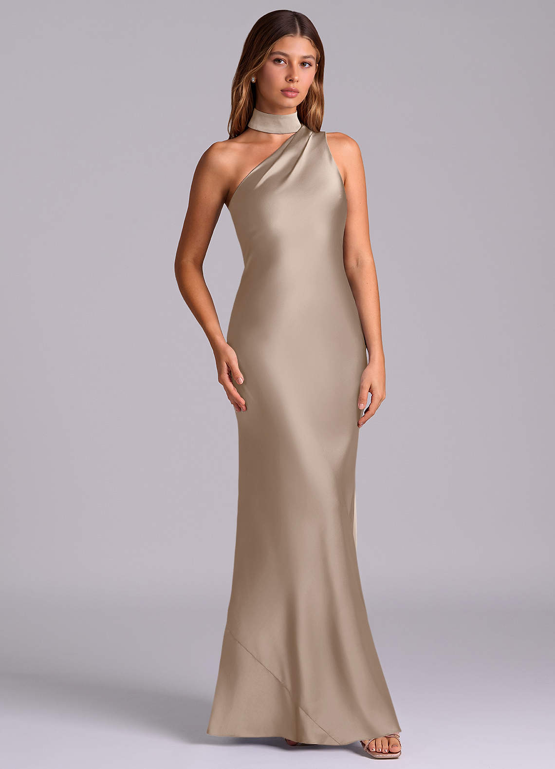 Seona Mermaid One-Shoulder Stretch Satin and Tulle Bridesmaid Dress in Taupe