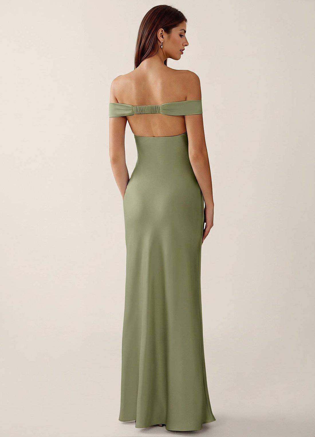 Gwendonme Sheath Off-the-Shoulder Satin Crystal Linen Evening Dress in Pistachio