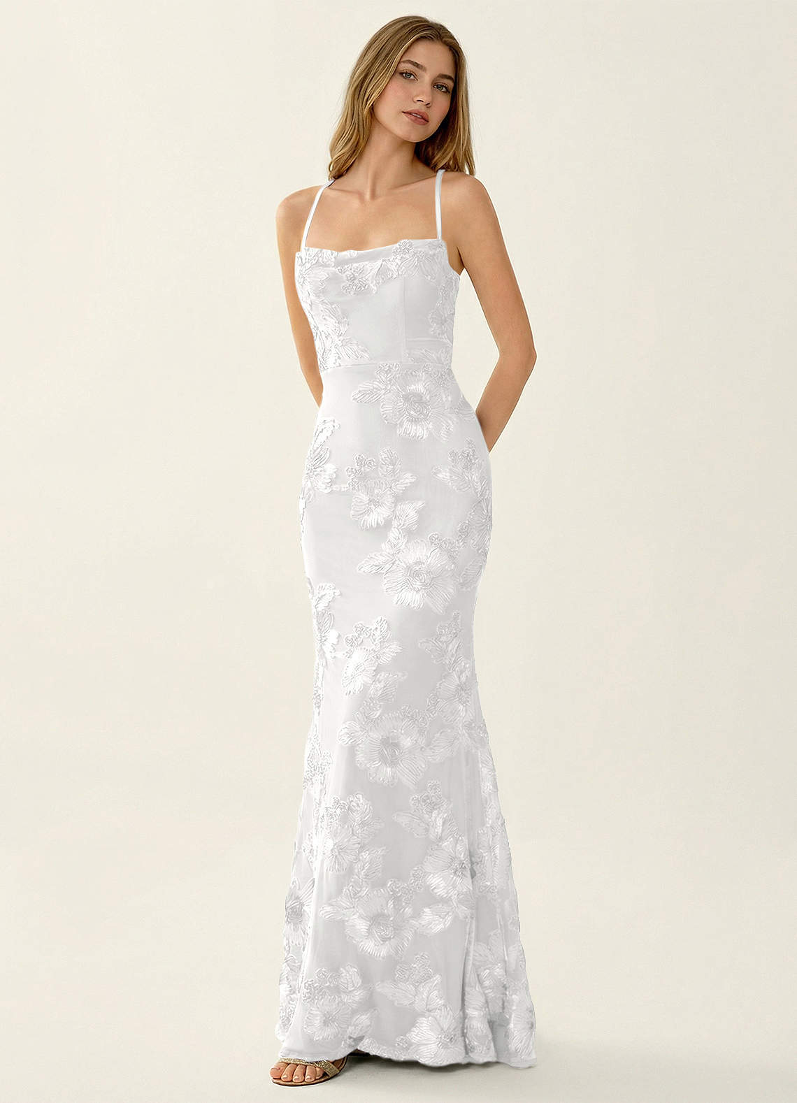 Kailani Mermaid Spaghetti-Strap Lace Evening Dress in white