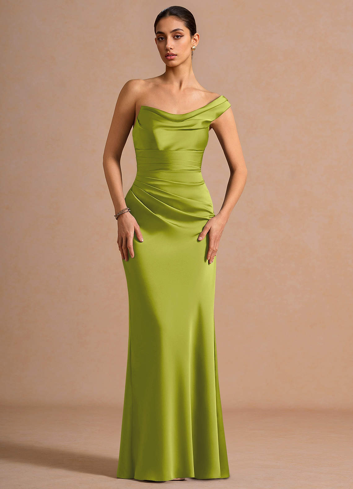 Cassiopeia One-Shoulder Draped Stretch Satin Evening Dress in Lemon Green