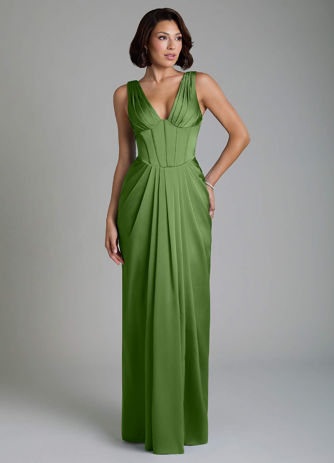 Vanya Sheath V-Neck Stretch Satin Bridesmaid Dress in Basil