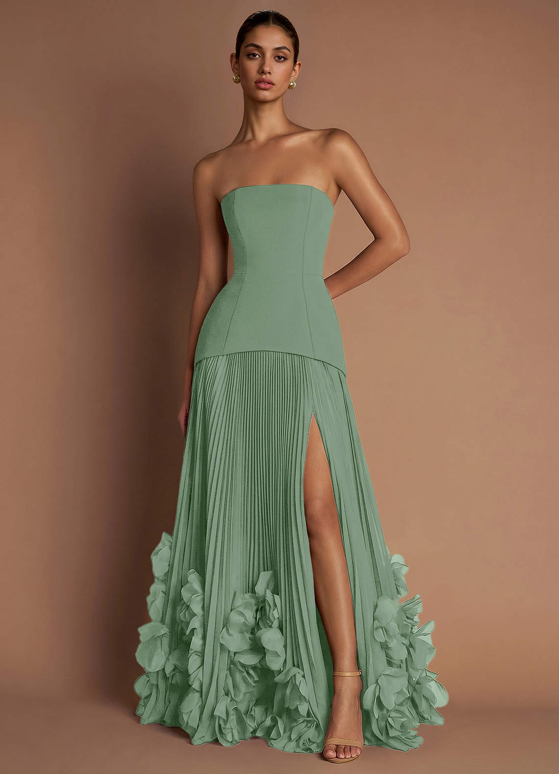 Marnie A-Line Corset Crepe Chiffon Evening Dress in matcha