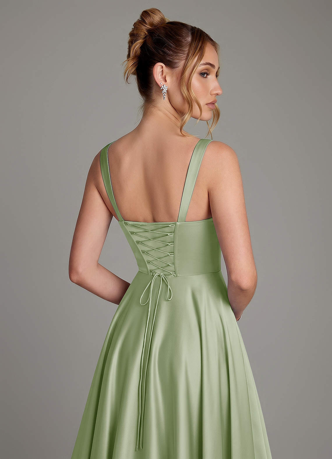 Azaria A-Line Square-Neck Stretch Satin Bridesmaid Dress in Dusty Sage