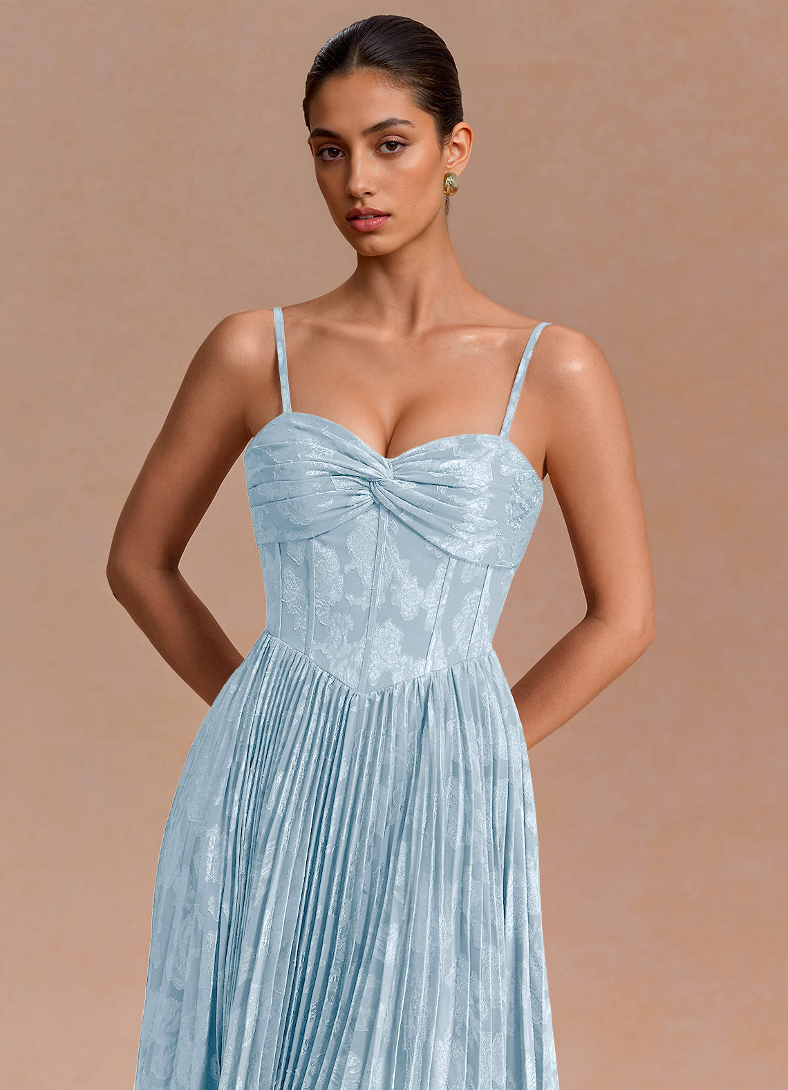 Delfina A-Line Twisted-Bust Fil Coupé Evening Dress in Powder Blue
