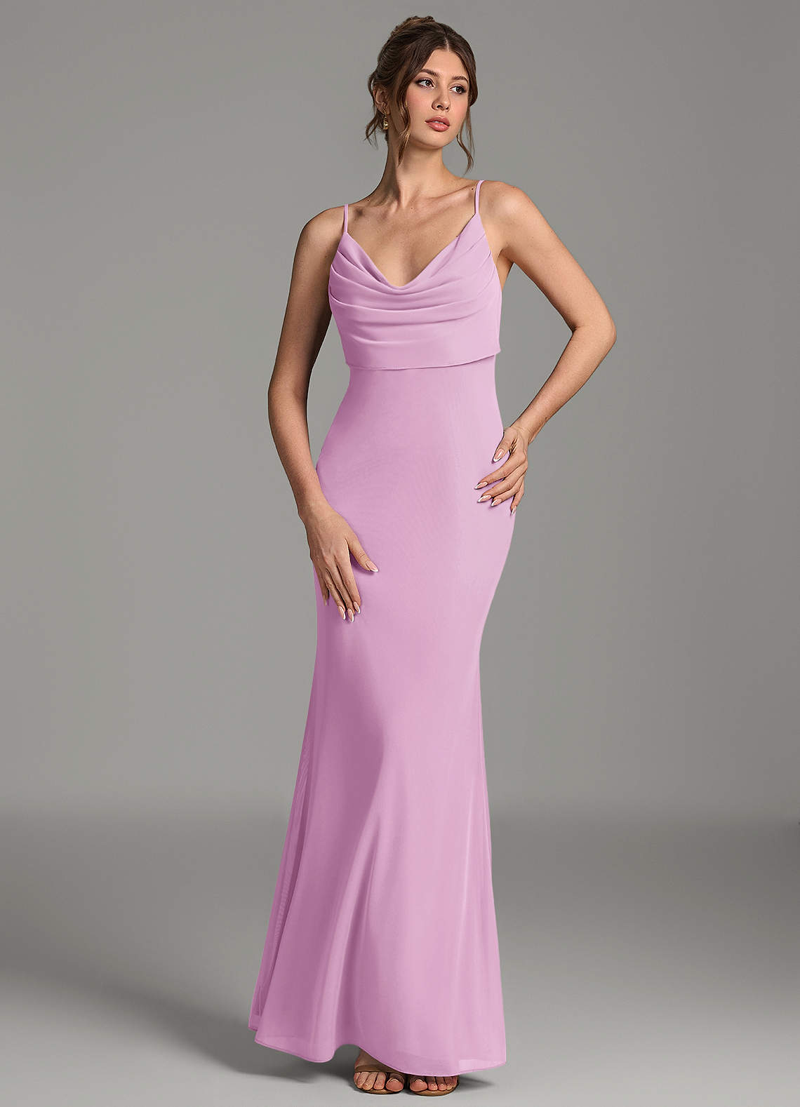 Zari Mermaid Cowl-Neck Mesh Bridesmaid Dress in candy pink
