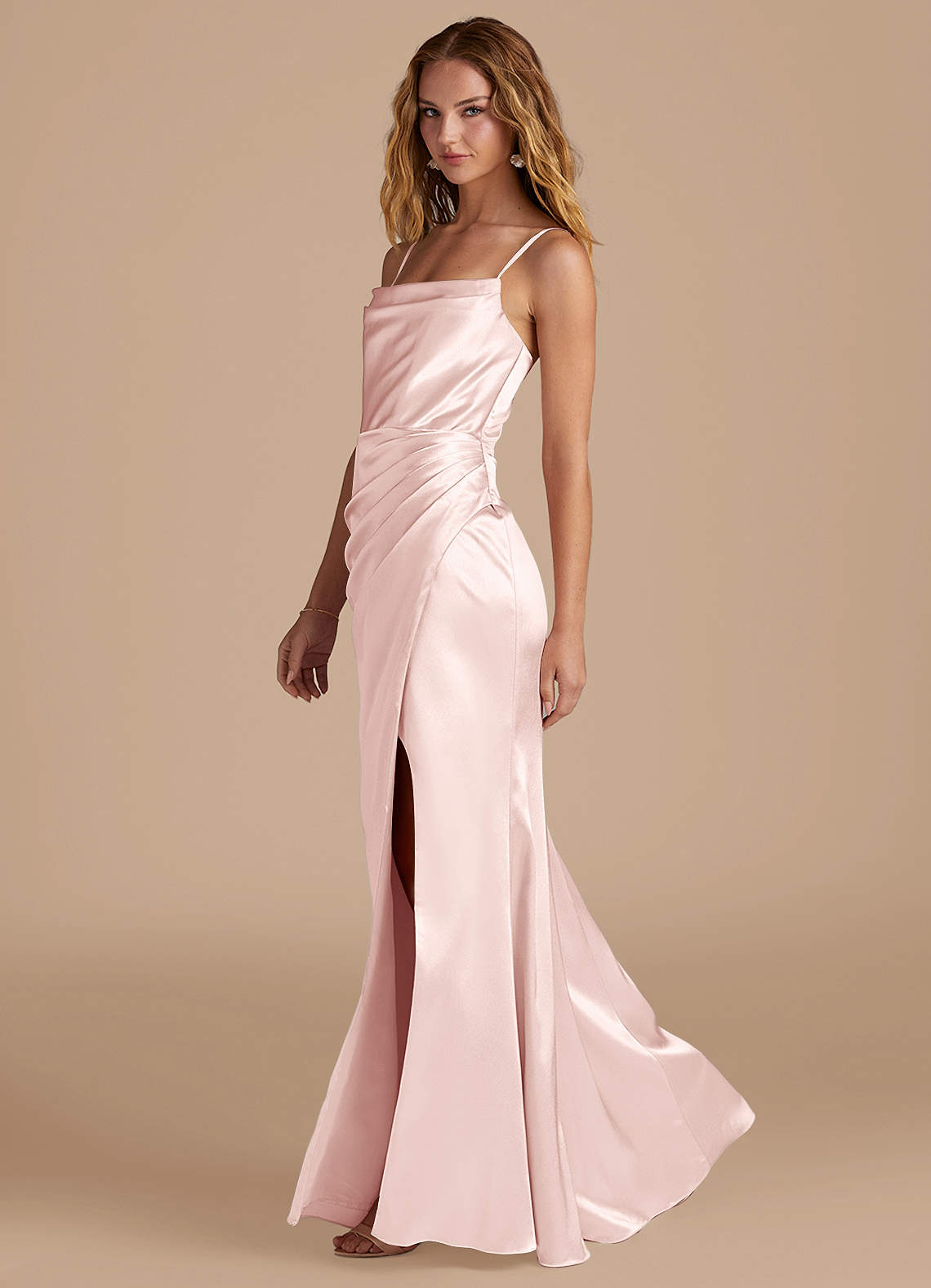 Marzia Mermaid Square-Neck Metallic Satin Bridesmaid Dress in Blushing Pink