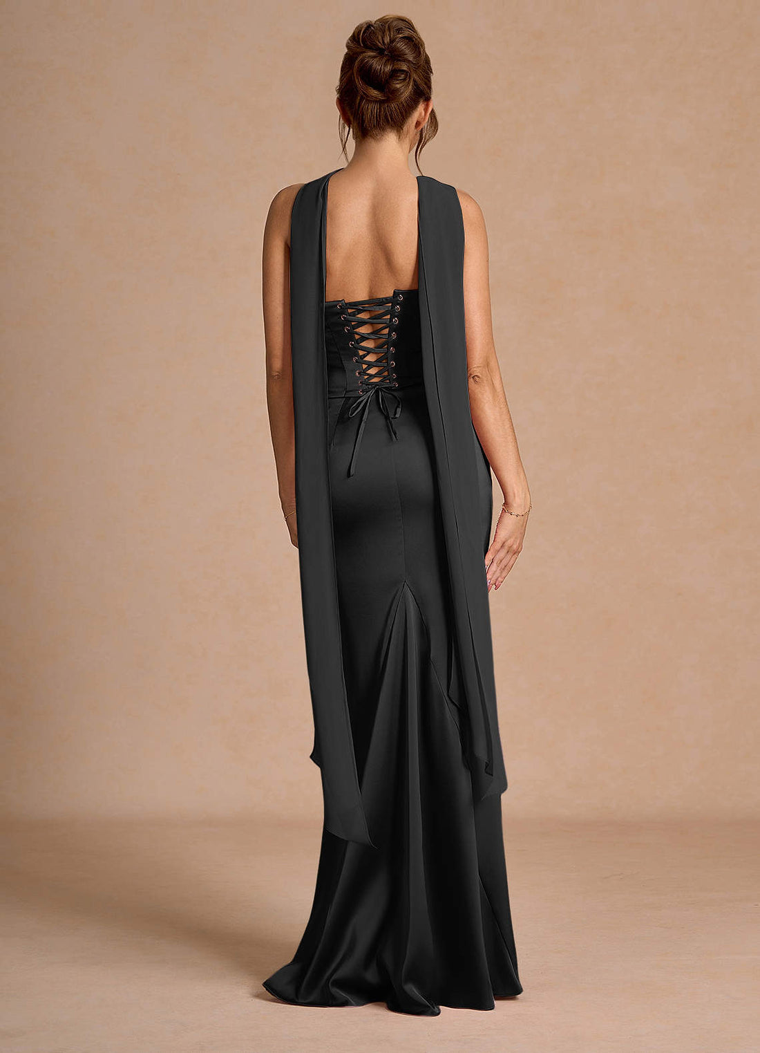Sorrel Mermaid Corset Stretch Satin Evening Set in Black