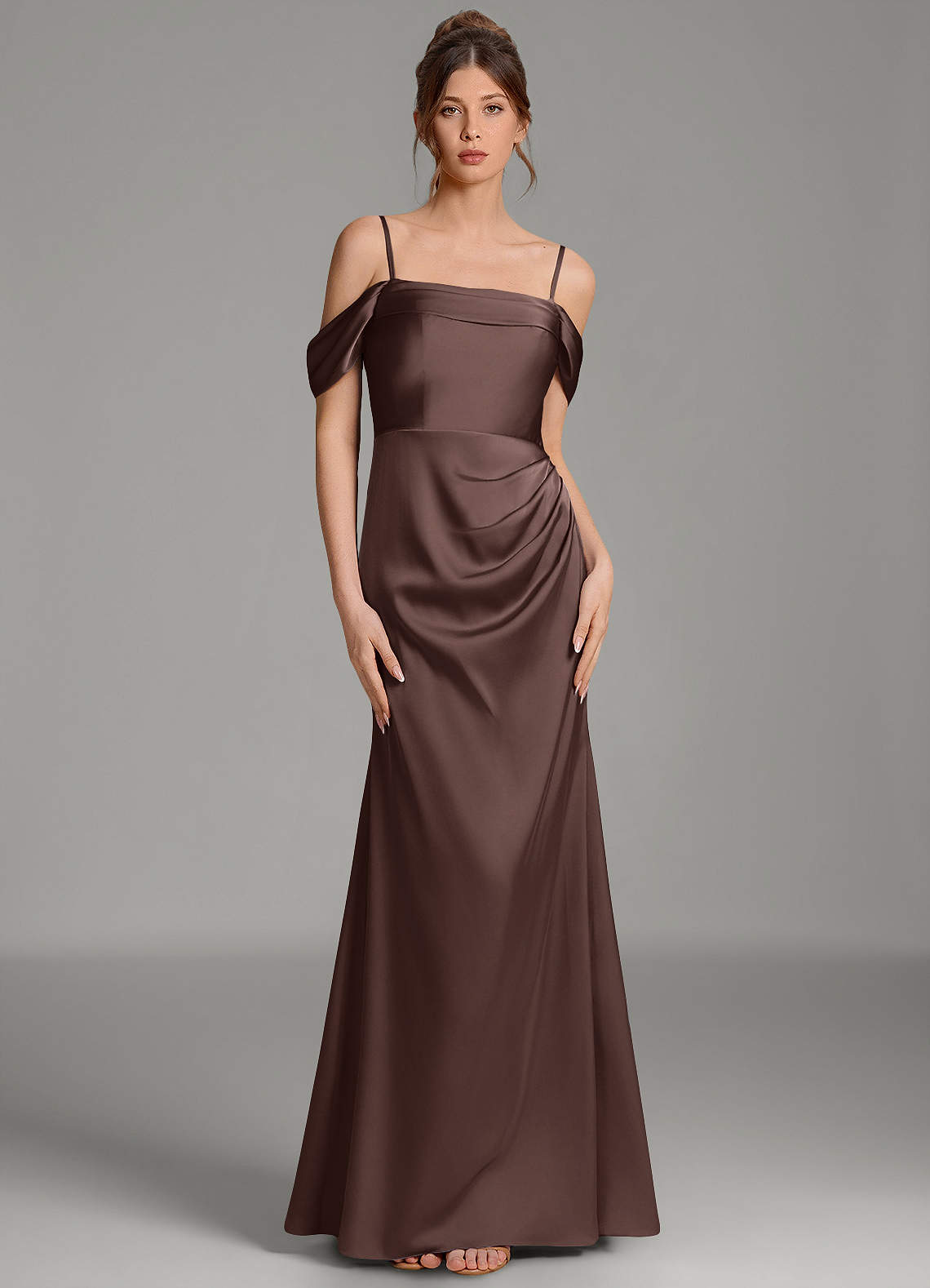 Wyatt Mermaid Off-the-Shoulder Stretch Satin Bridesmaid Dress in Ganache
