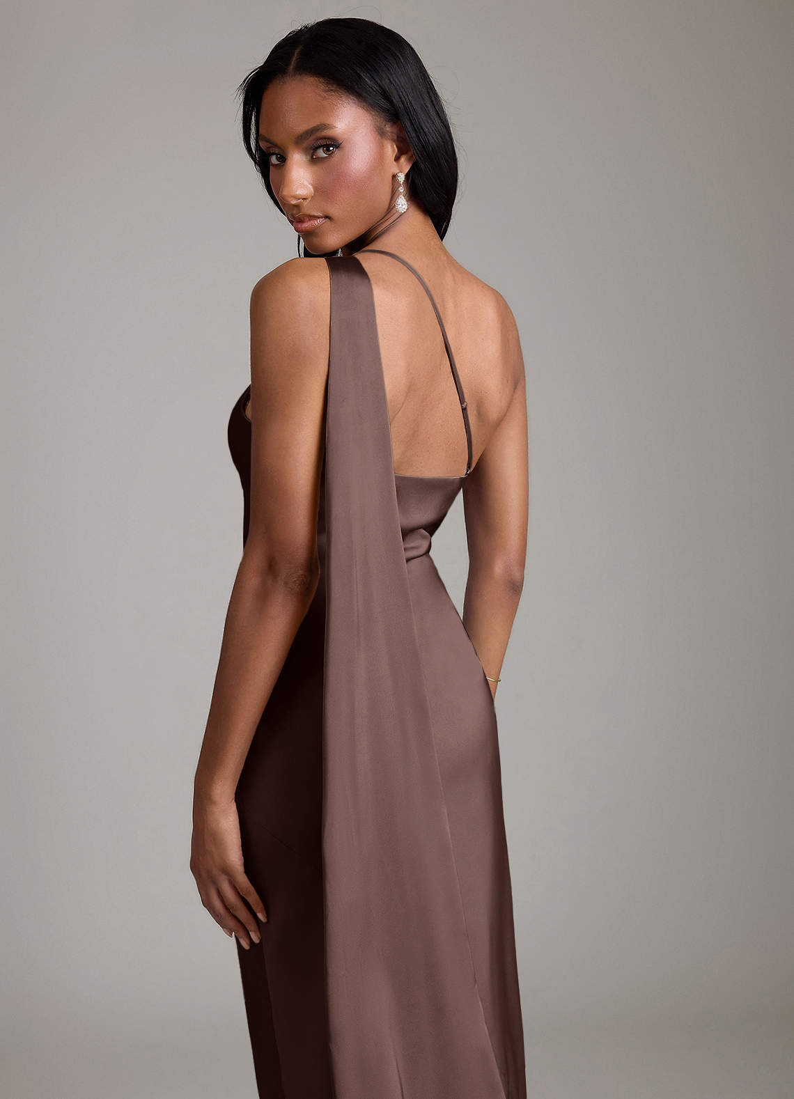 Juniper Mermaid One-Shoulder Stretch Satin Bridesmaid Dress in Ganache