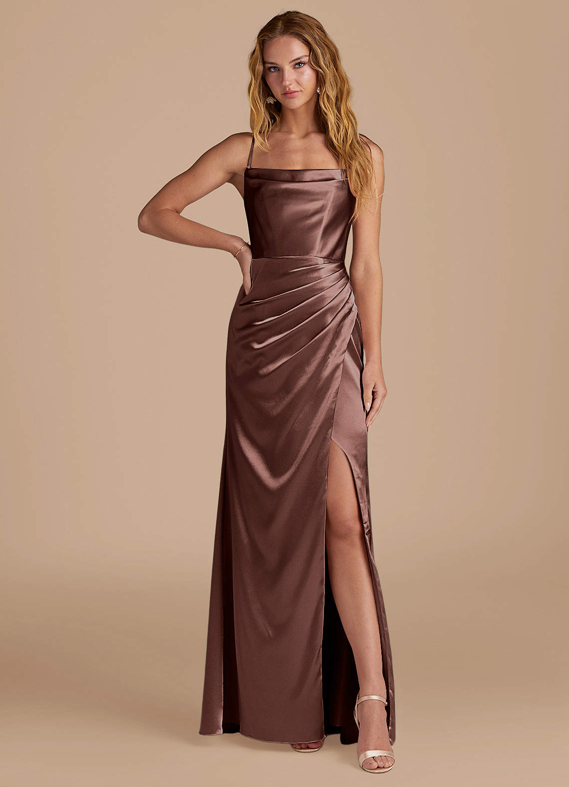 Marzia Mermaid Square-Neck Metallic Satin Bridesmaid Dress in Espresso
