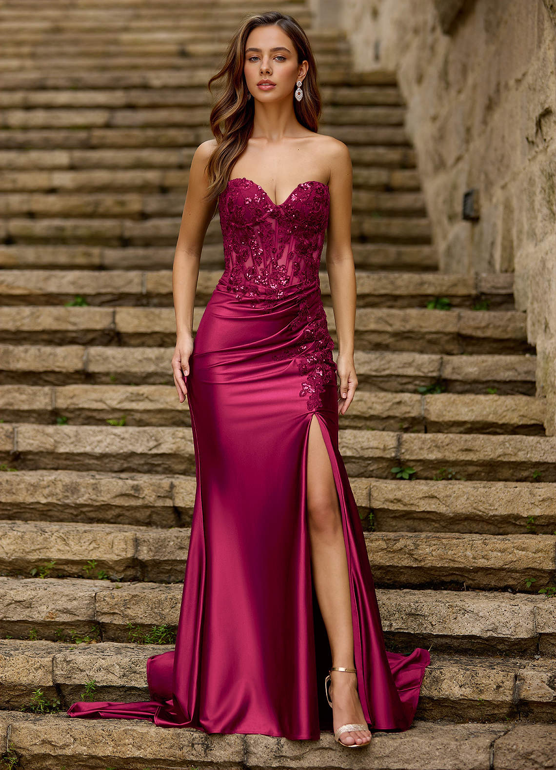Emblace Mermaid Off-the-Shoulder Stretch Satin Evening Dress in Plum
