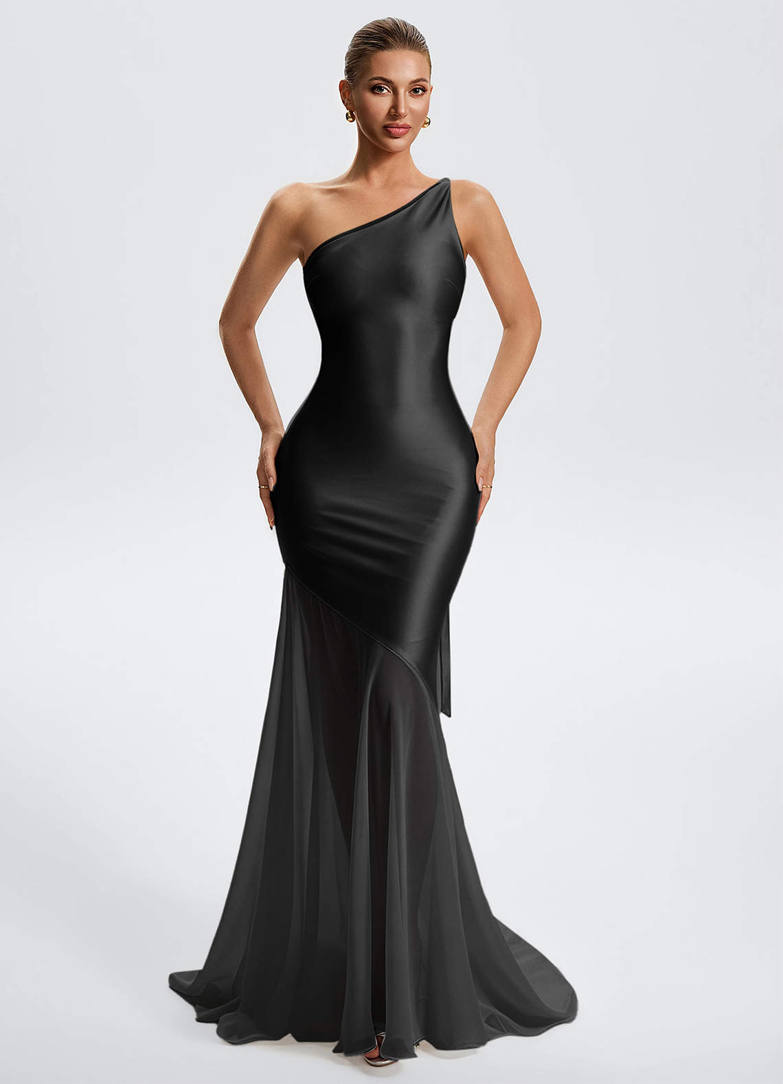 Idalia White Mermaid One-Shoulder Chiffon-Overlay Evening Dress in Black