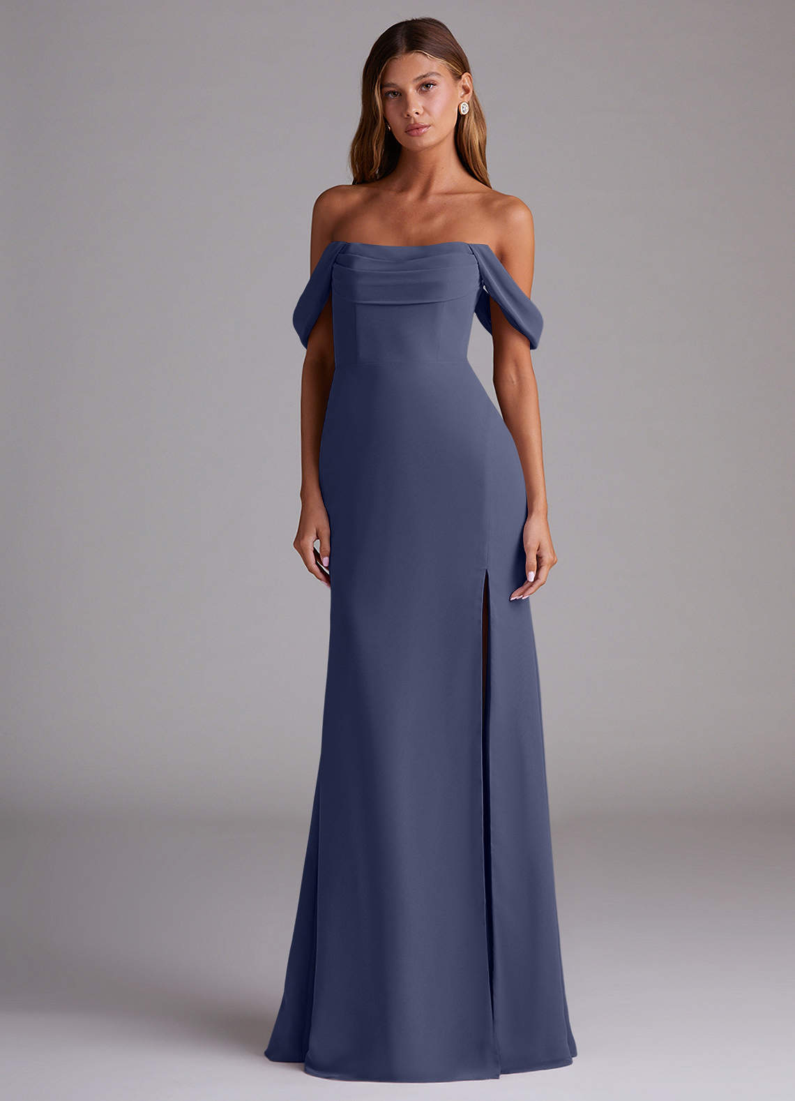 Saige A-Line Off-the-Shoulder Chiffon Bridesmaid Dress in Stormy