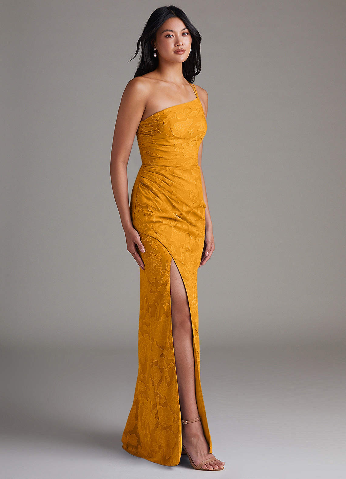 Eren Sheath One-Shoulder Floral Burnout Bridesmaid Dress in butterscotch