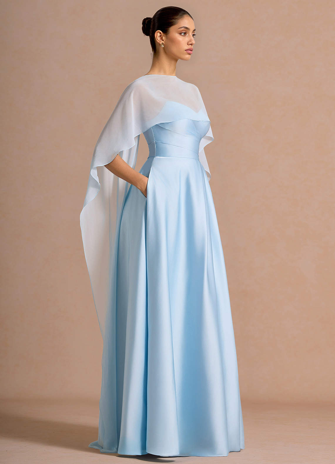 Nancy A-Line V-Neck Stretch Satin and Chiffon Evening Dress in Sky Blue