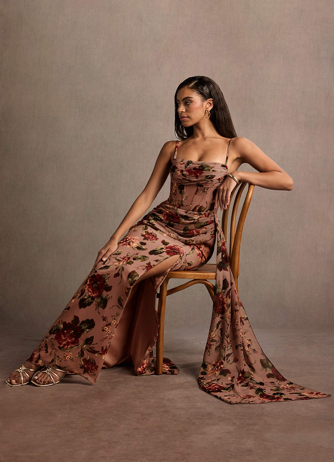 Aurra A-Line Pleated Floral Chiffon Wedding Guest Dress in Mauve Multi