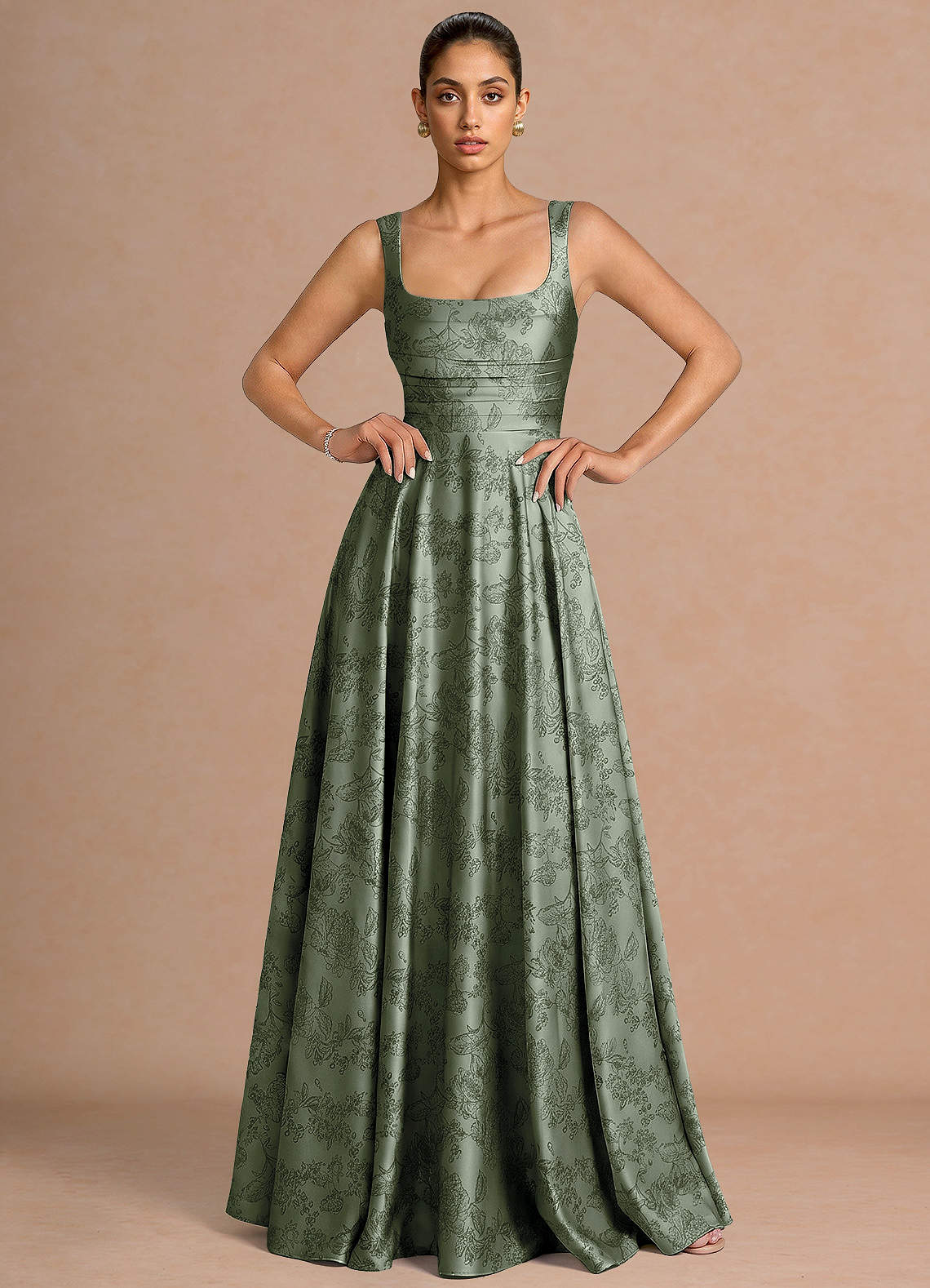Azaria A-Line Square-Neck Jacquard Evening Dress in Moss Navy
