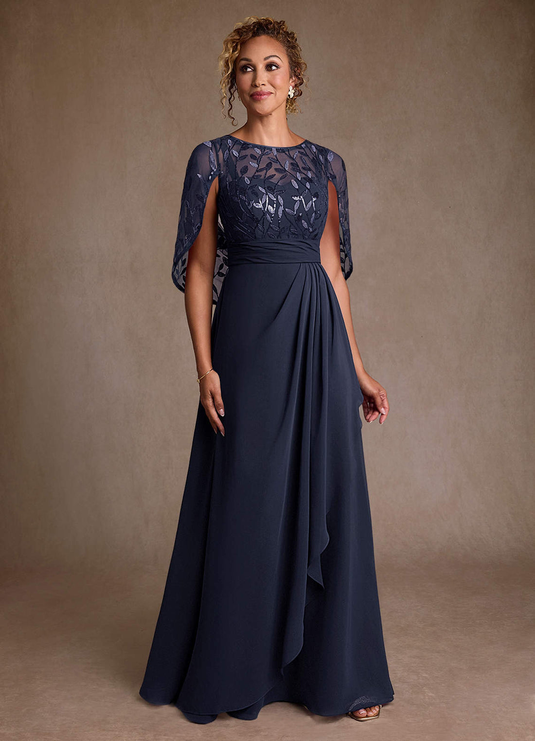 Beckley A-Line Boat-Neck Chiffon and Lace Mother of the Bride Dress in champagne