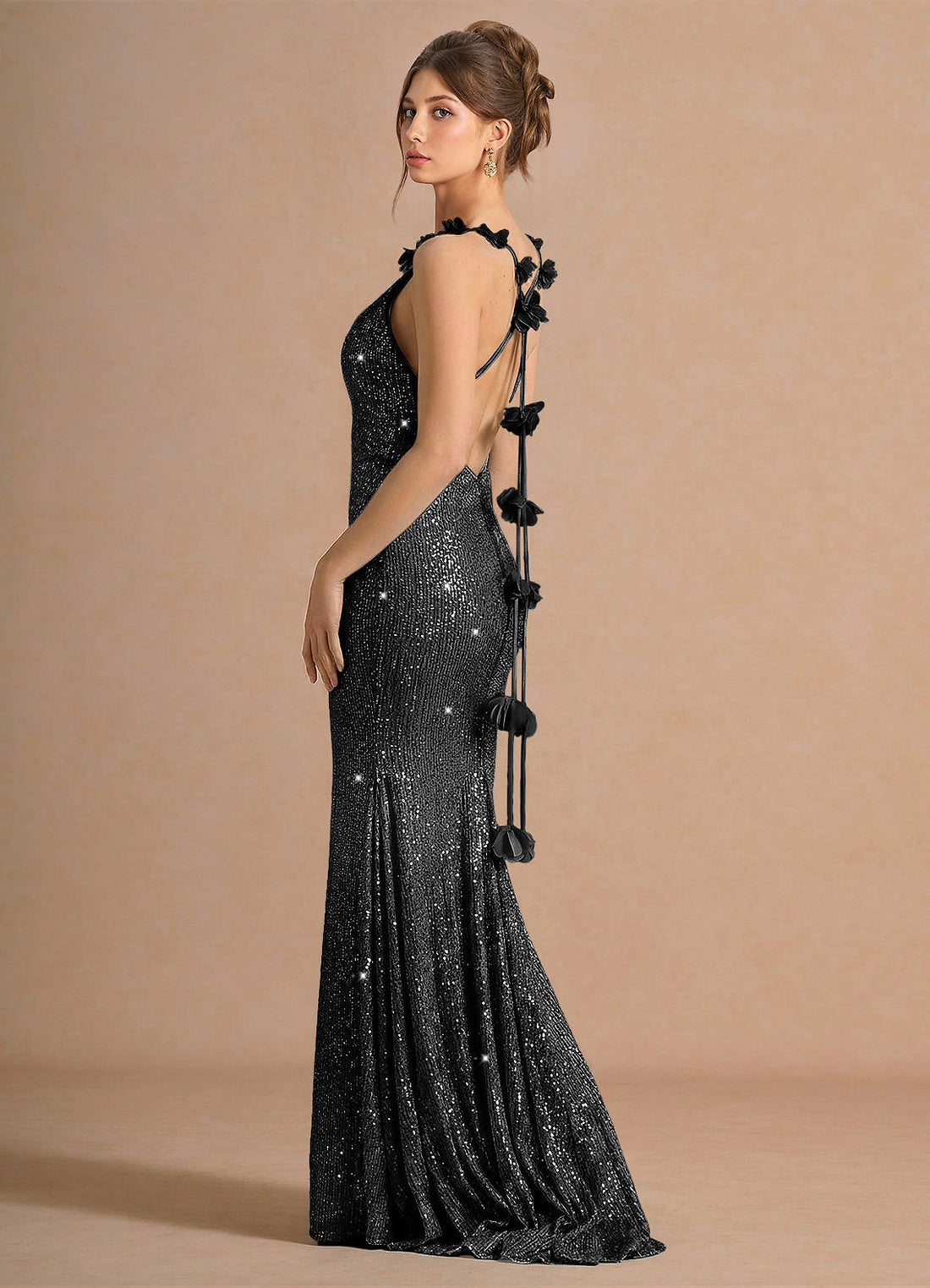 Selara Open-Back Floral Sequin Chiffon Evening Dress in Silver Black