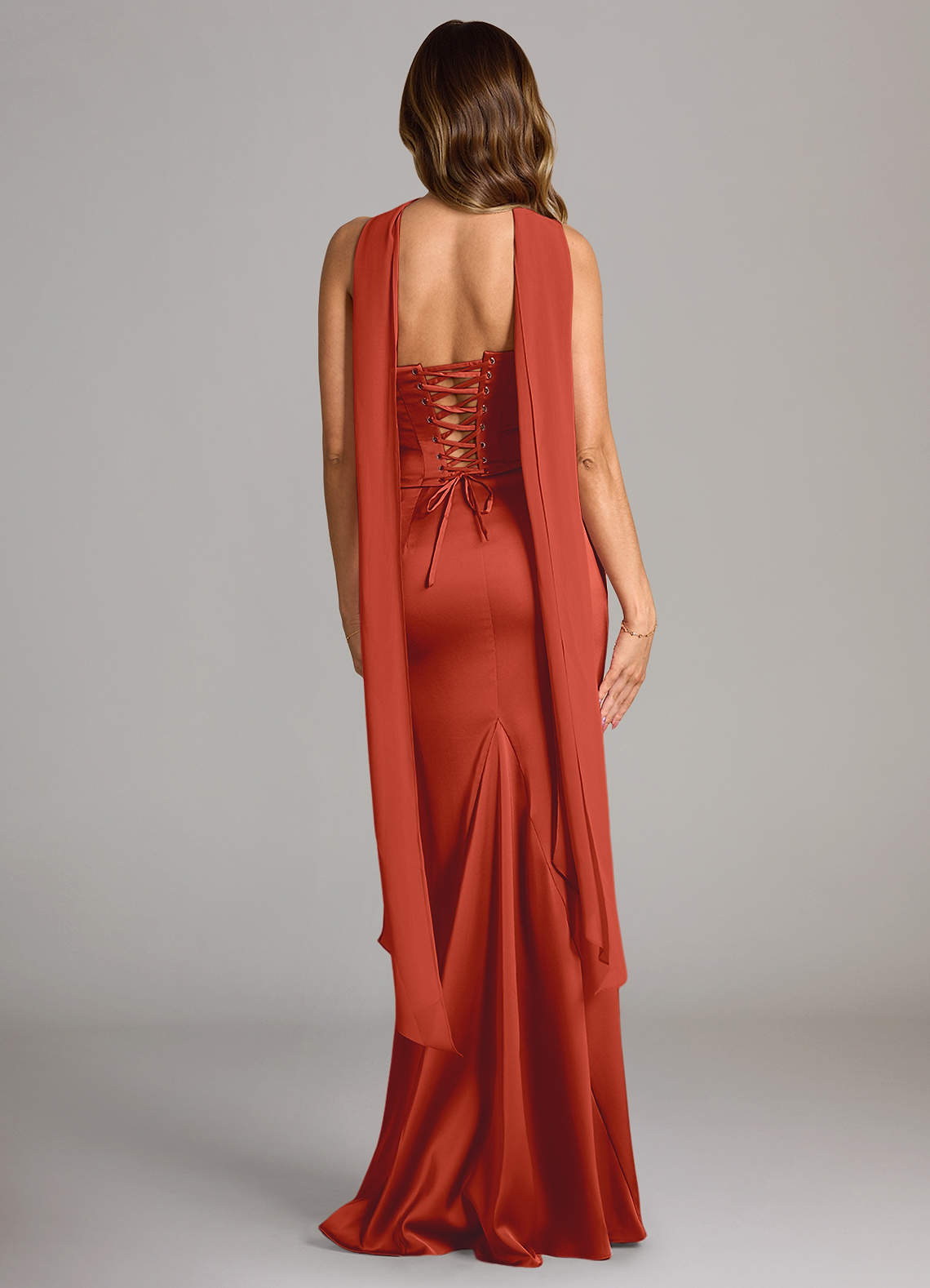 Sorrel Mermaid Cowl-Neck Stretch Satin and Chiffon Bridesmaid Dress in Rust