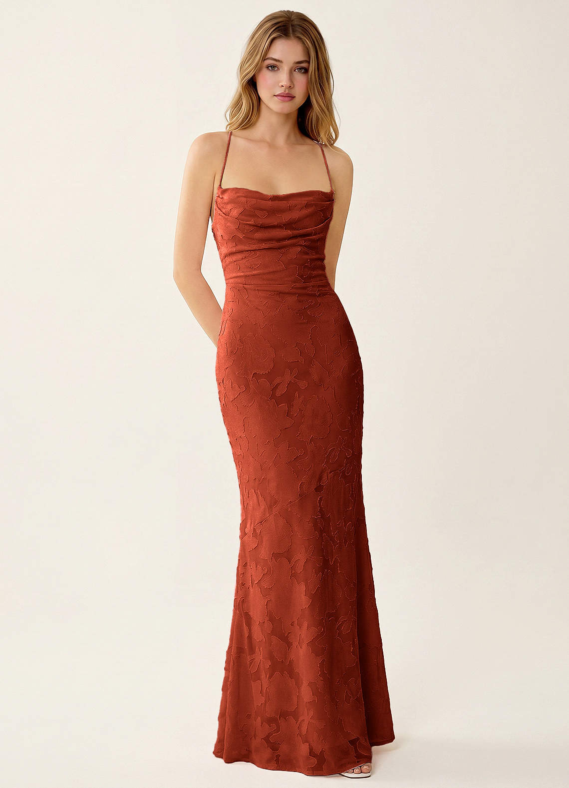 Natasha Mermaid Spaghetti-Strap Floral Burnout Evening Dress in Auburn