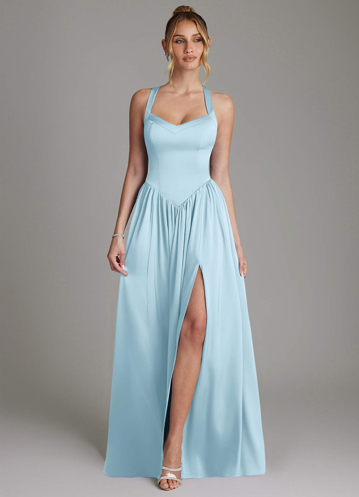 Francis A-Line V-Neck Stretch Satin Bridesmaid Dress in Sky Blue