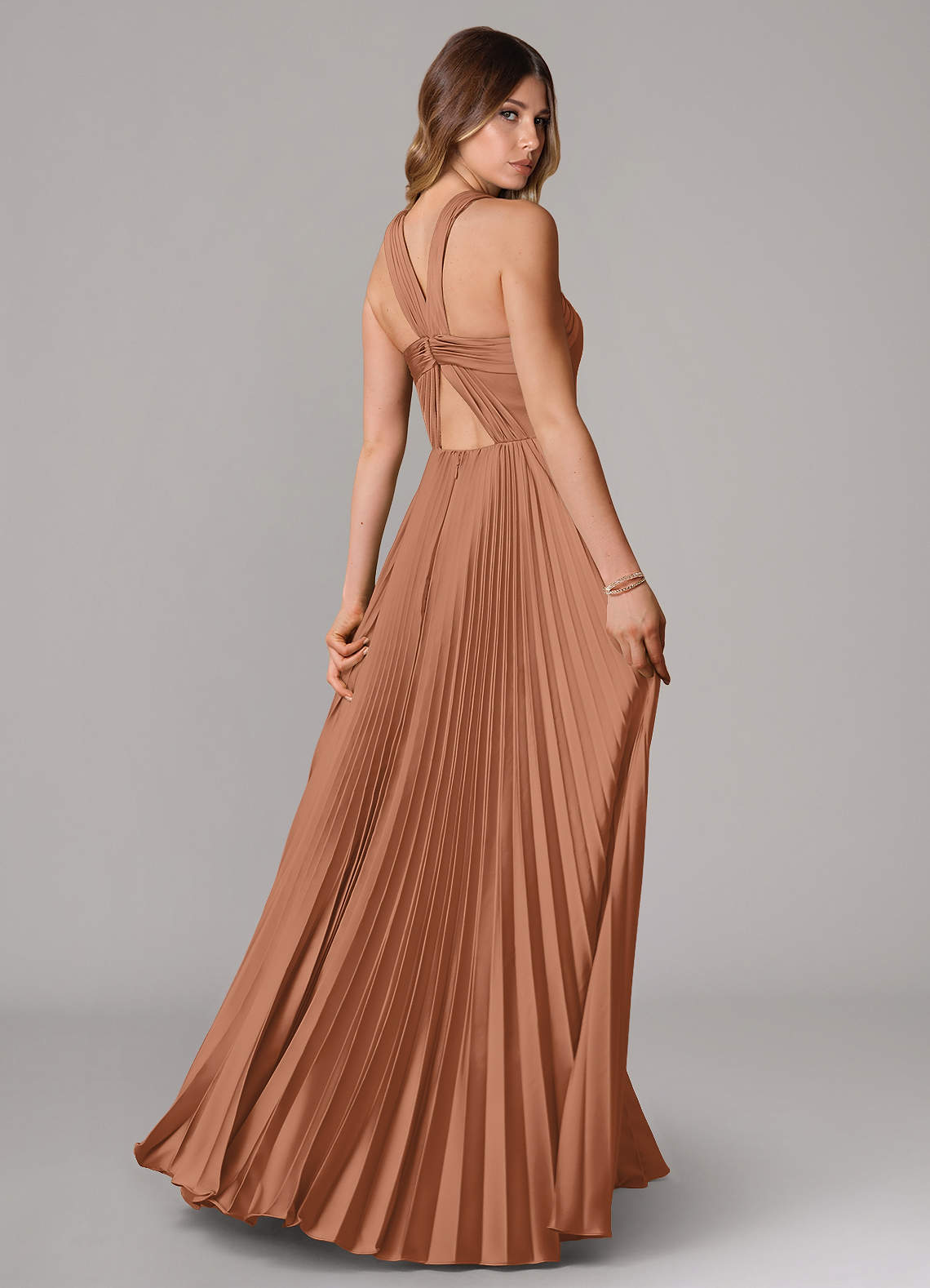 Afra A-Line Halter-Neck Stretch Satin Bridesmaid Dress in Bronzer