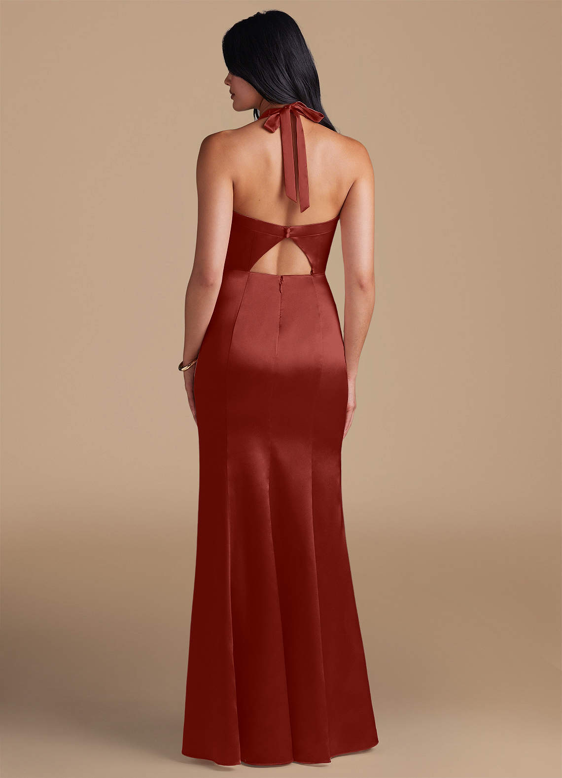 Emeria Sheath Halter Metallic Satin Bridesmaid Dress in Terracotta