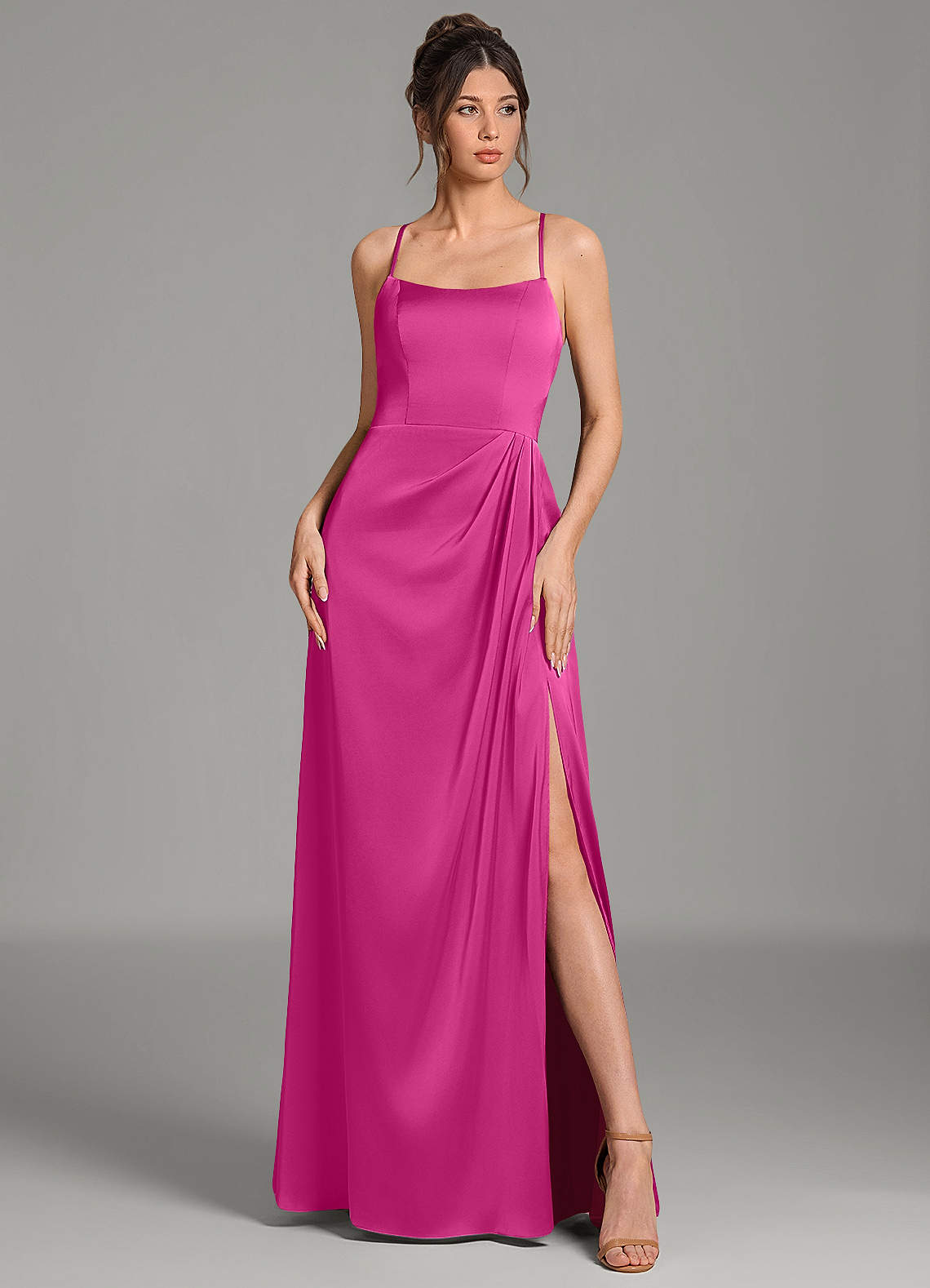 Frankie A-Line Scoop-Neck Stretch Satin Bridesmaid Dress in Fuchsia
