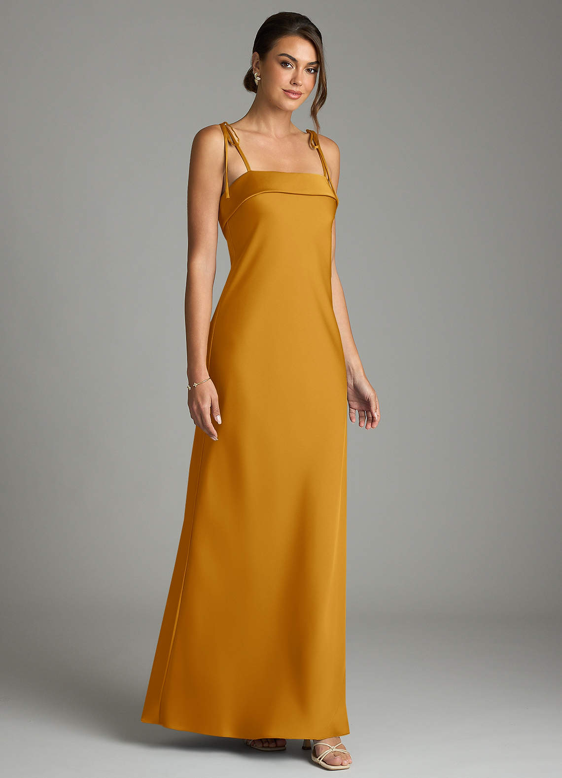 Ellia Sheath Straight-Neck Stretch Satin Bridesmaid Dress in butterscotch