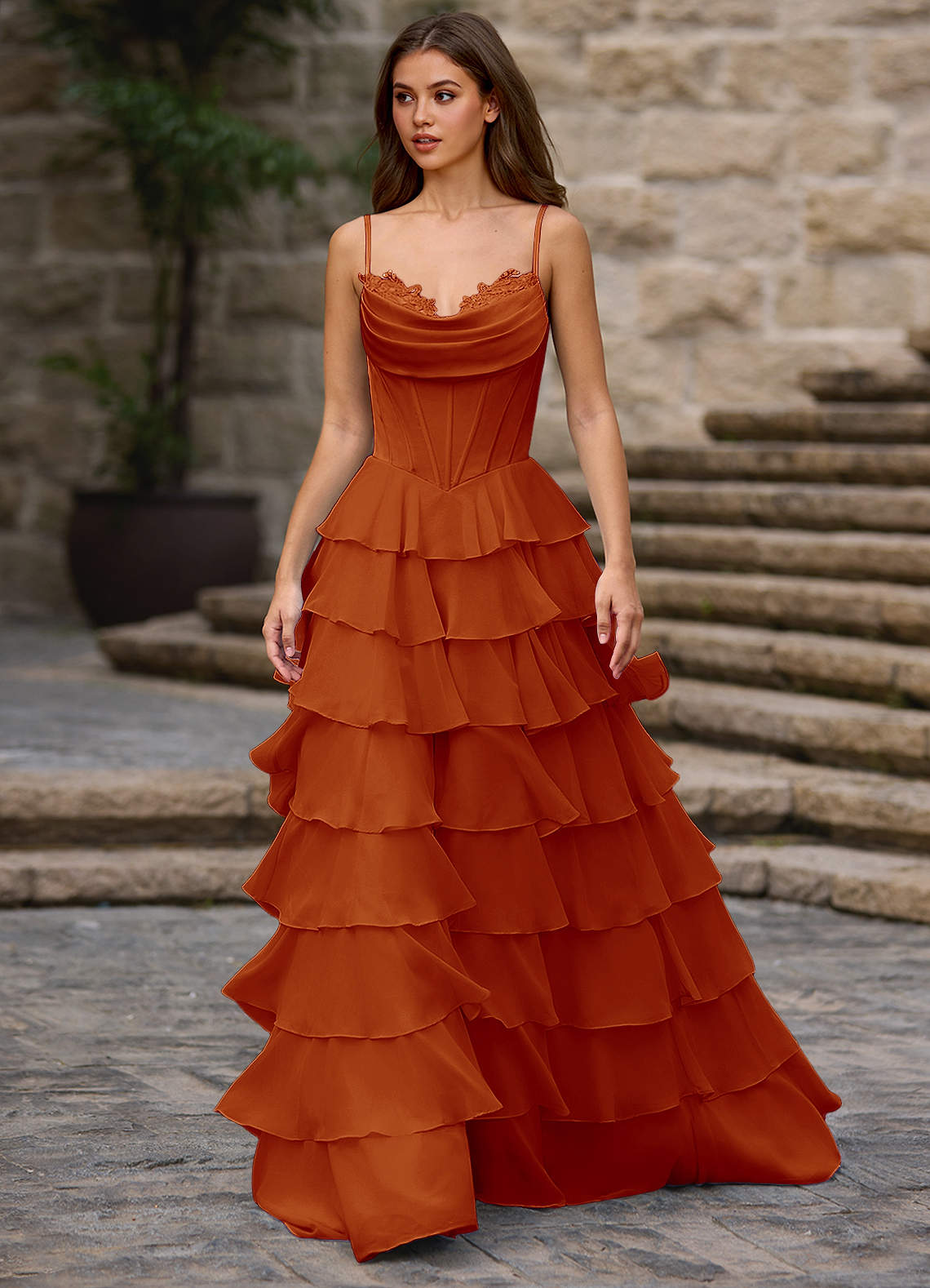 Floralace A-Line Ruffle Chiffon Evening Dress in Vanilla